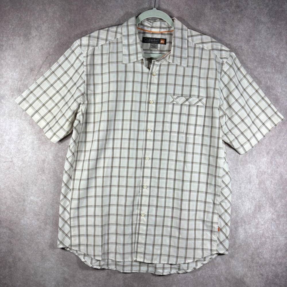 Quiksilver Shirt Men L Tan Waterman Collection Plaid Short Sleeve Skater Outdoor